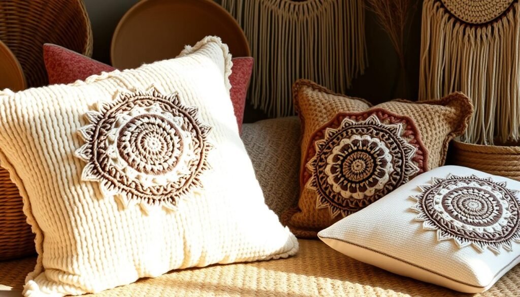 Boho crochet pillows with mandala patterns