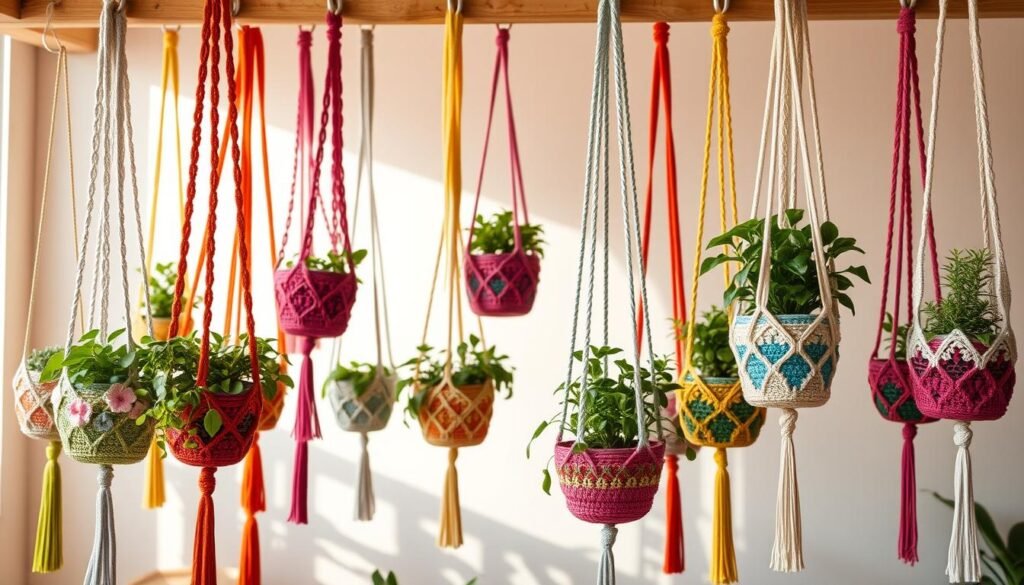 Colorful crochet plant hangers