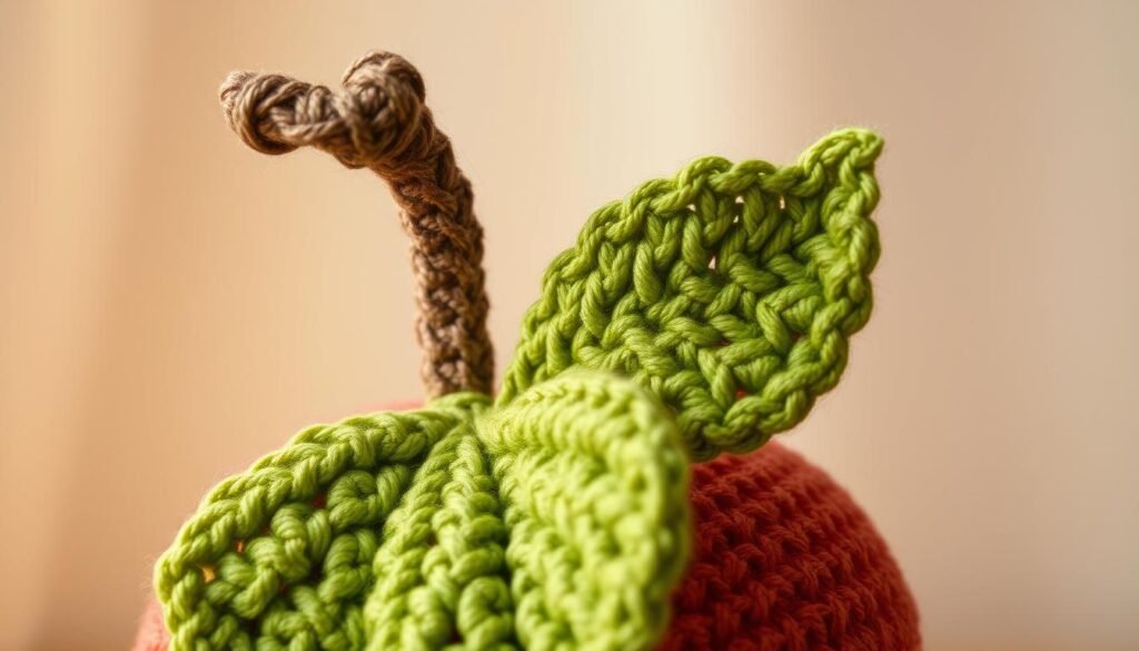 Crochet apple stem and leaf details