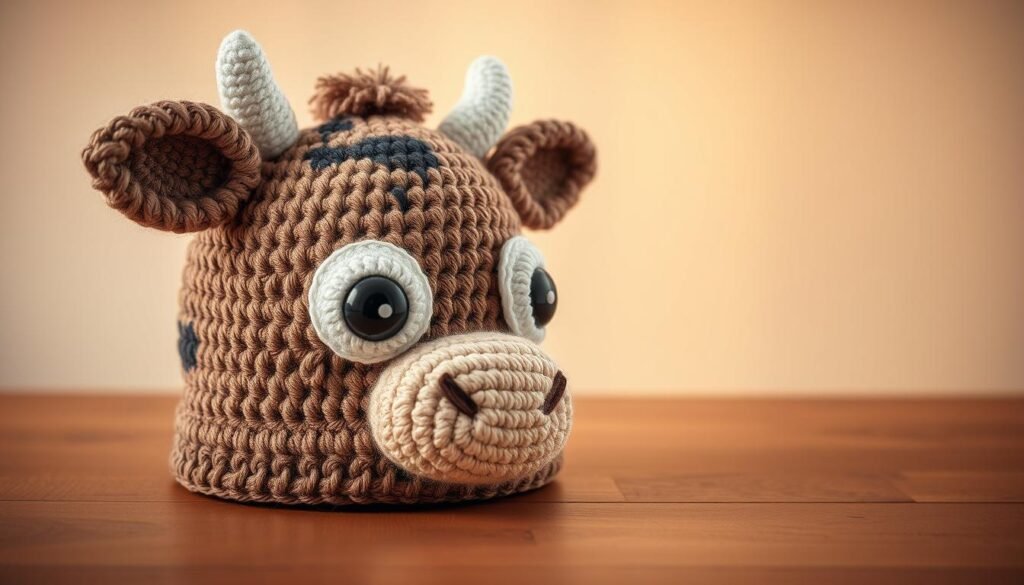 Crochet cow hat with amigurumi eyes