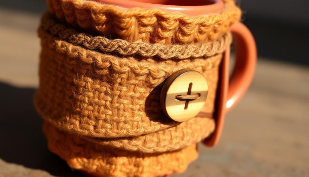 Mug cozy closure with elastic and button