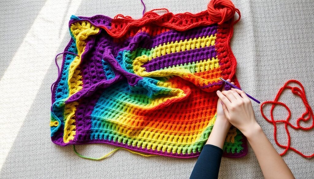 Rainbow crochet blanket assembly