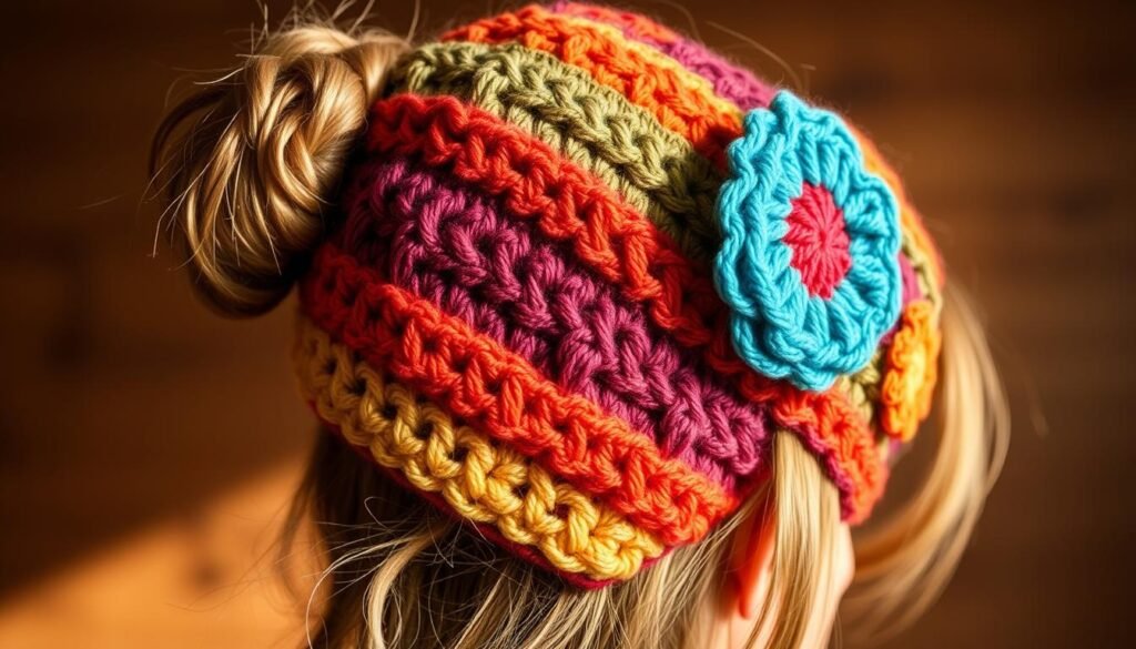 Striped messy bun hat with colorwork crochet techniques