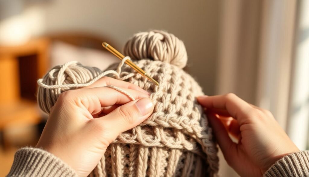 Weaving in crochet ends for messy bun hat