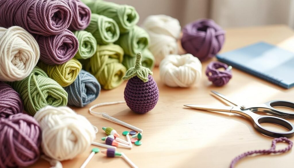 crochet supplies for amigurumi eggplant